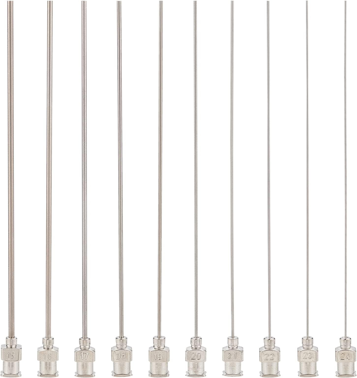 BENECREAT 10PCS 4 Inch Iron Dispensing Needle Tip 10 Mixed Size Blunt Syringe Needle with Brass Joint for Refilling Glue Syringes, 15G/16G/17G/18G/19G/20G/21G/22G/23G/24G