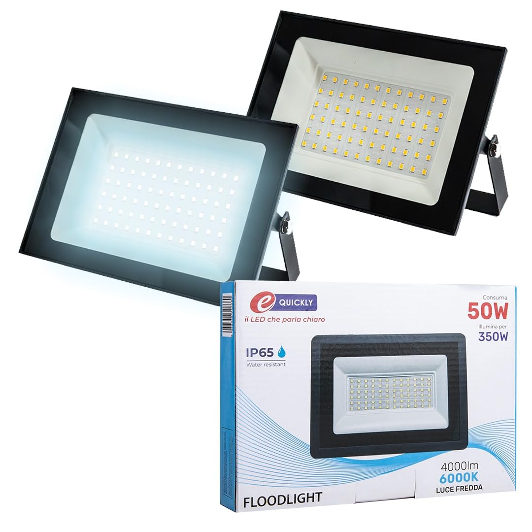 E-​QUICKLY faretti LED da esterno - 50W, potente proiettore da 4000 lumen, faretto led da esterno con luce bianca fredda 6000K, faro LED grado di impermeabilità IP65, faretti da giardino 220V, 2 PZ