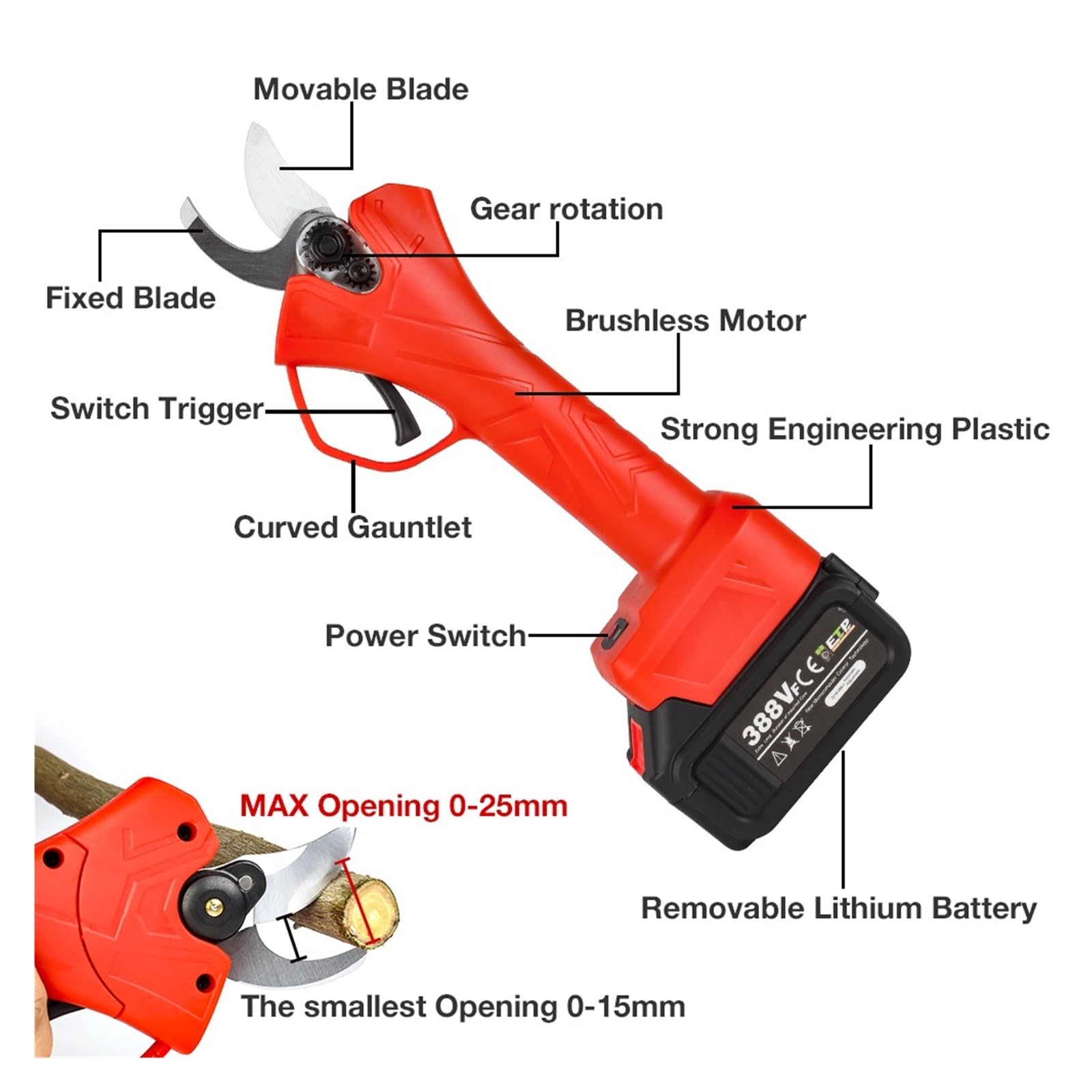 Potatori Elettrici, Cesoie Elettriche Senza Spazzole, Strumenti for Potatura Bonsai di Alberi da Frutto da Giardino Senza Fili, Adatti for 18V/21V(388VF-1)