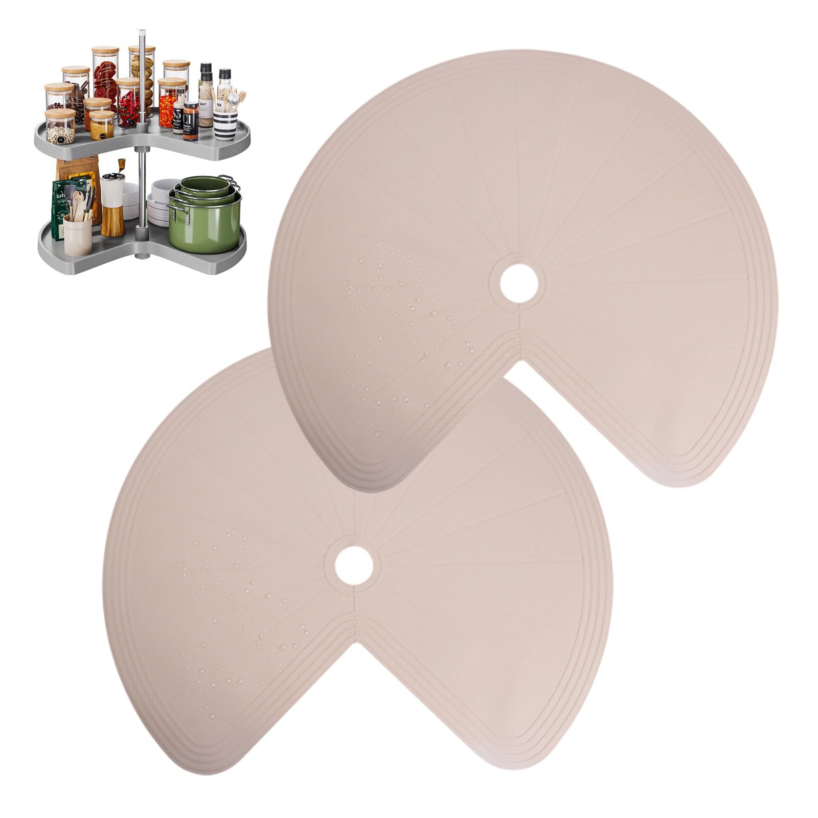 Treesunshine Pack of 2 Lazy Susan Shelf Liners, 26 Inch Silicone Lazy Susan Liners, Turntable Organiser for Turntable, Spice Holder Organiser, Non-Slip Lazy Susan Mat with Heat Protection (Khaki)