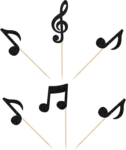 Miniatura 3 de 36 piezas de notas musicales para cupcakes, purpurina negra, símbolo musical retro rock, selecciones de cupcakes, música rock, concierto, tema de