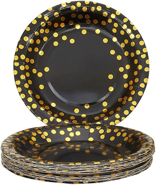 20 Pcs Black and Gold Party Supplies Round Plates Paper for School Graduation Decoration New Years Birthday Anniversary Bachelorette Celebration 7 Inch, Multicolour