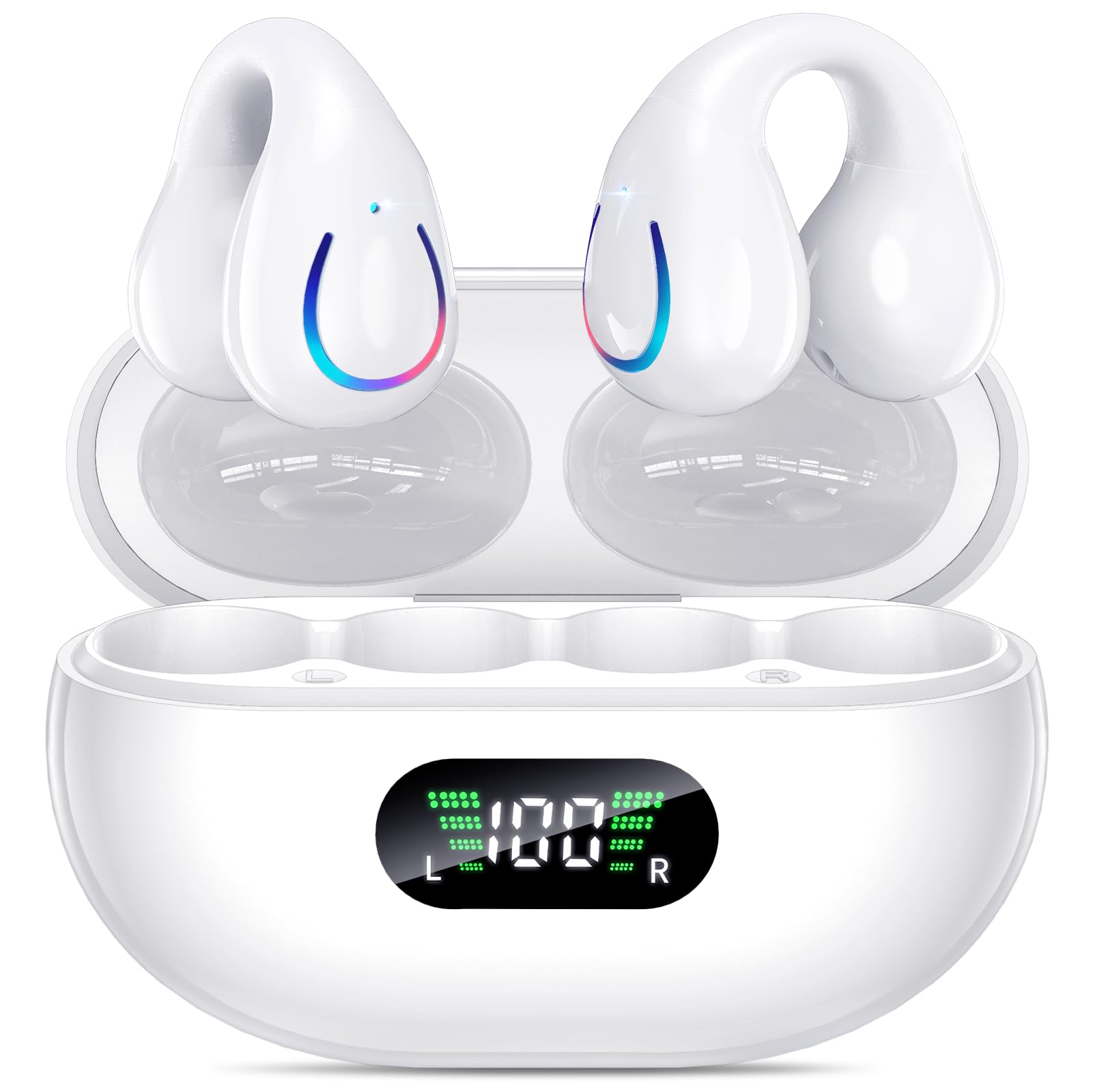 Open Ear Clip Wireless Earbuds Bluetooth 5.3, Sports Earphones Built-in Microphone with Earhooks & Ear Hook, Wireless Charging Case & Display, Waterproof Fitness Headphones for Running