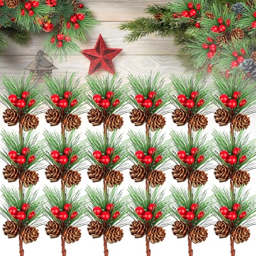 Powmag 20 Stück Künstliche Tannenzweige mit Beeren, Tannenzapfen...