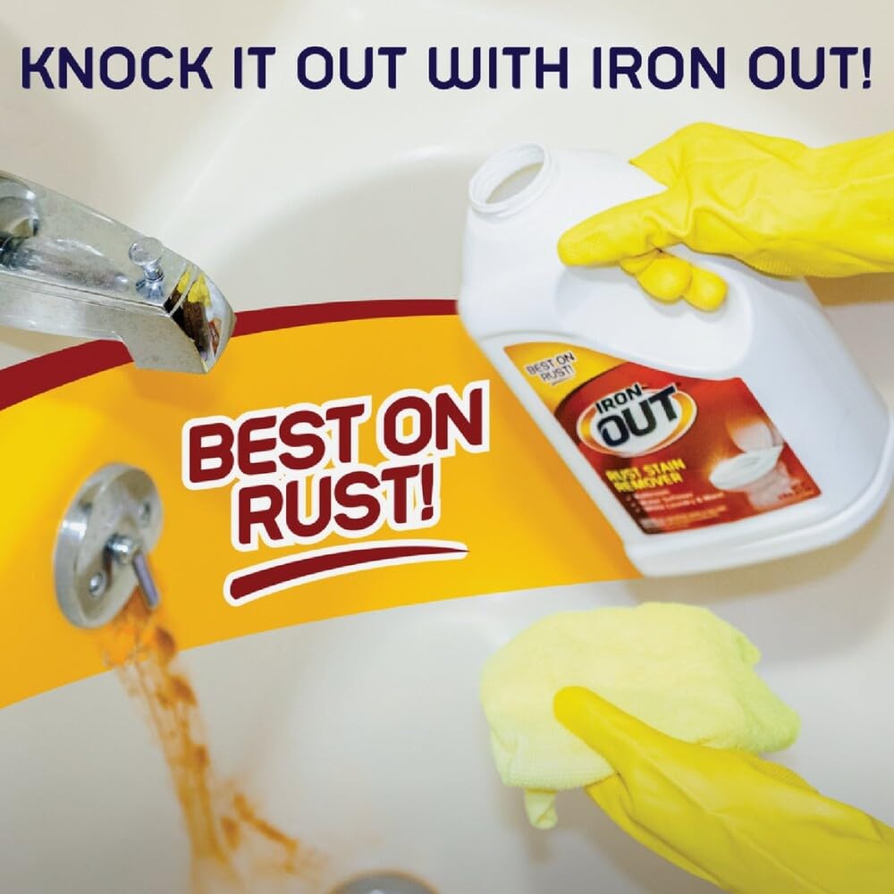 Iron OUT - Quitamanchas de óxido en polvo, elimina y evita manchas de óxido en baños, cocinas, electrodomésticos, lavandería y exteriores, 1 libra y 12 onzas