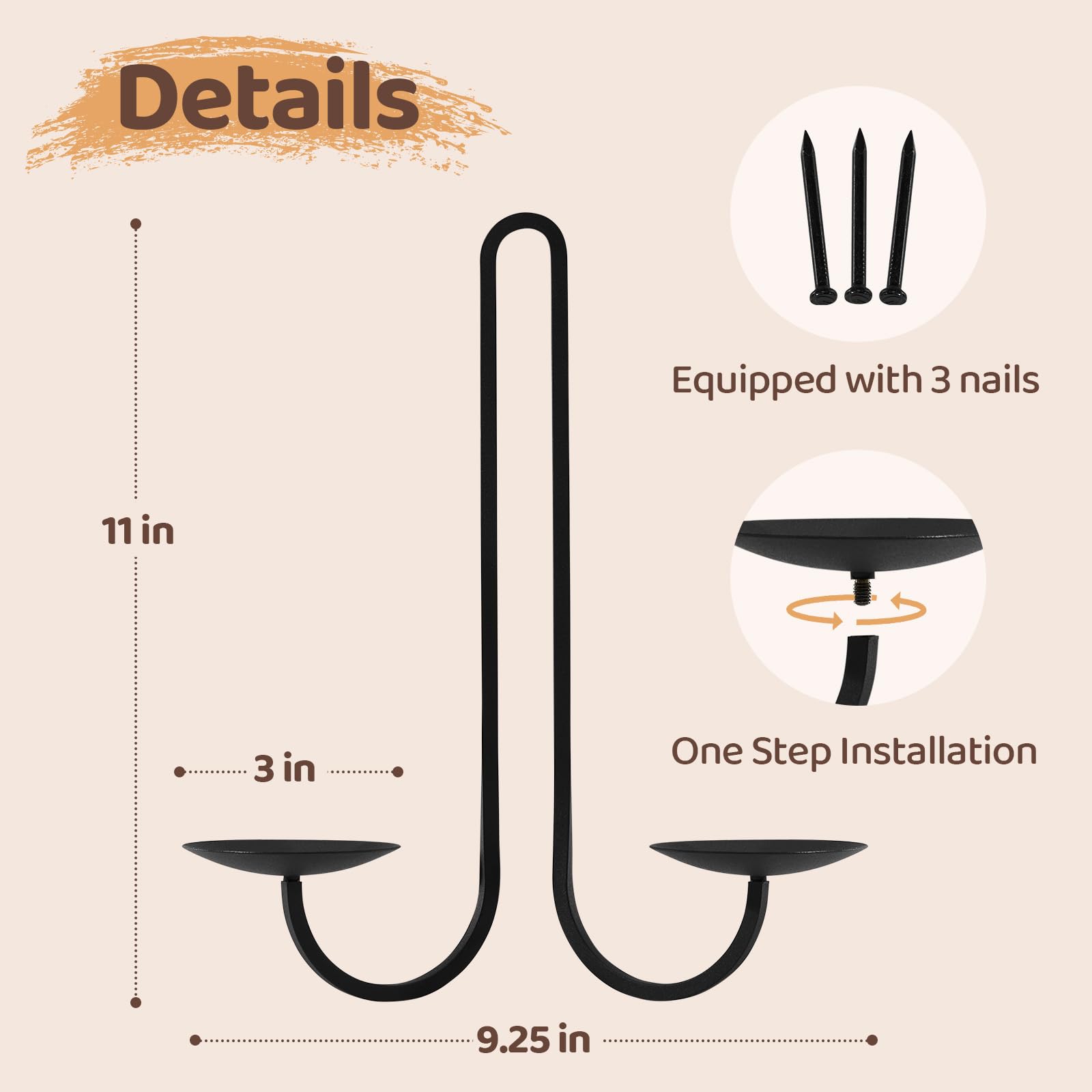 Lot de 2 bougeoirs muraux à double bras en métal noir à suspendre pour salon, salle à manger et cheminée, cadeaux de pendaison de crémaillère pour décoration murale