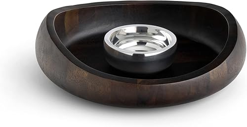 Nambe Butterfly Collection - Cuenco para servir con chips y inmersión Juego de 2 piezas Bandeja de madera de acacia teñida en espresso Cuenco de