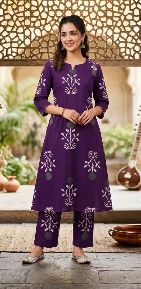 Image of CREATION & YOU Women's Pure Cotton Floral Printed Kurta with Palazzo Pants | Ethnic Set | Kurti Set for Women | Cotton Cord Set for Women