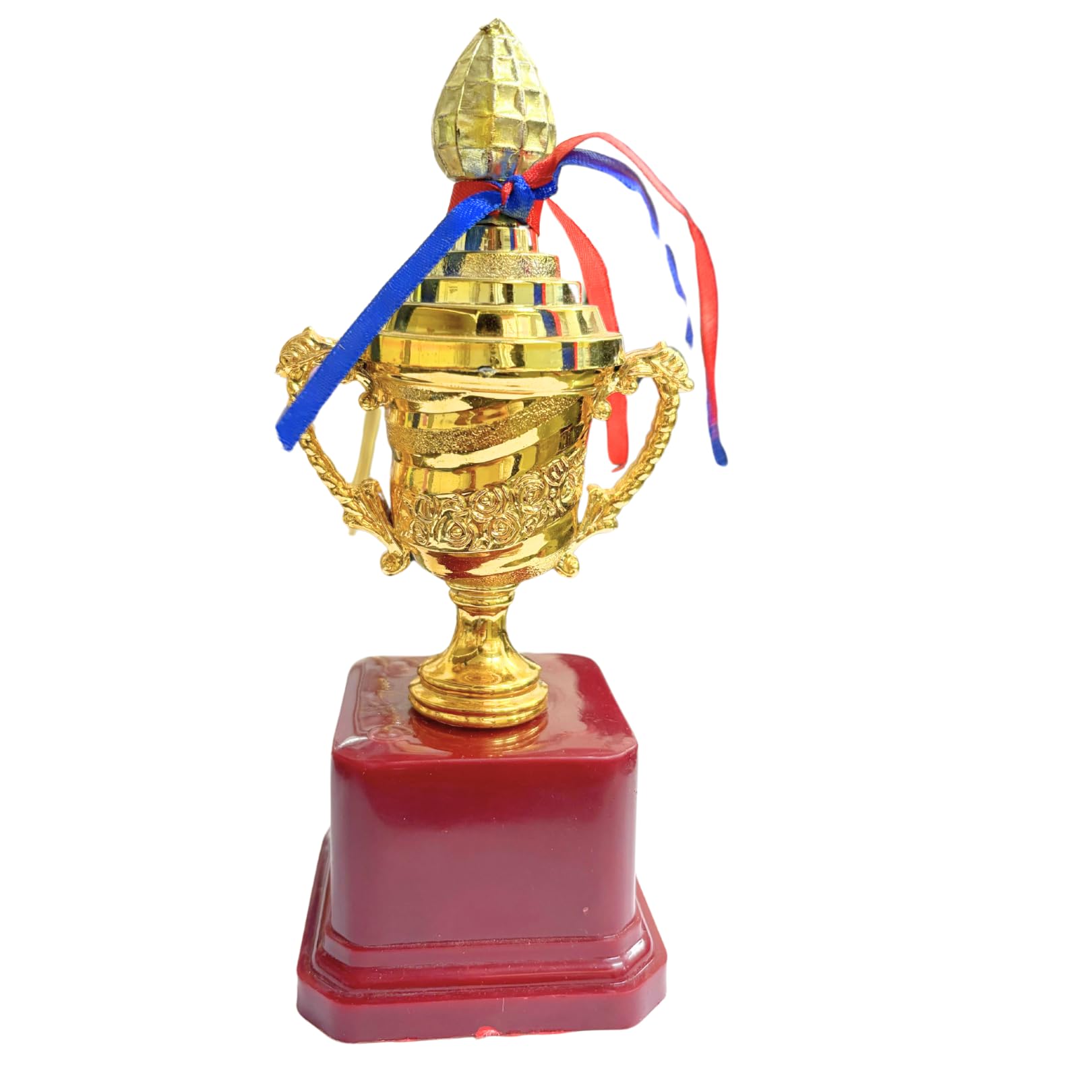 Decorative Gold Trophy Cup with Heavy Red Polished Base, Award Trophy with Ribbons, Logo Printing, Writings & Customisation Available (Set of 1, Medium (8.5 inches))-image-2