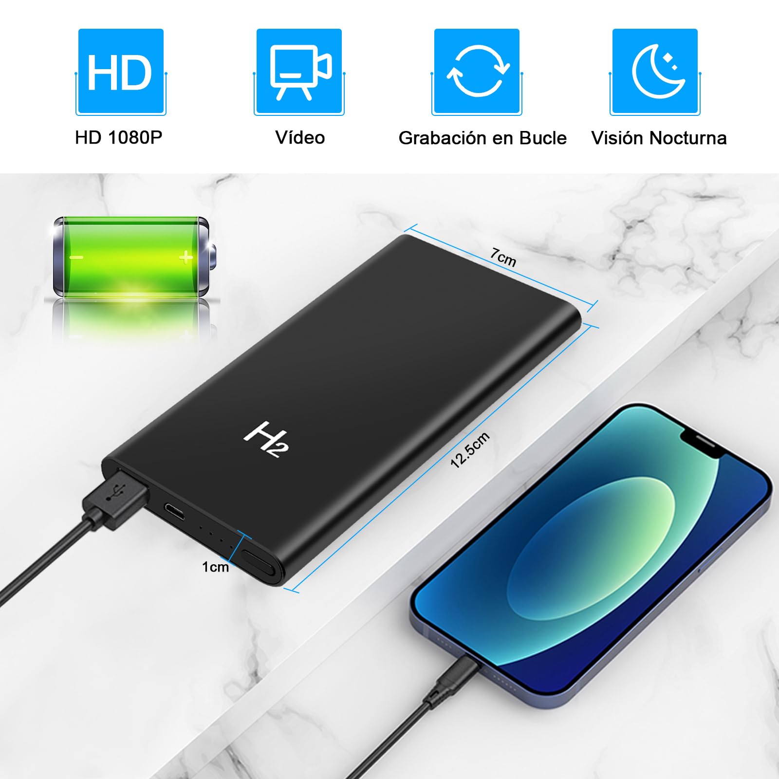 Cámara Oculta, Cámara Espía 2 en 1 con Batería Externa de 5000 mAh, Mini Cámara Espía Oculta con Resolución HD 1080P, Visión Nocturna y Grabación en Bucle