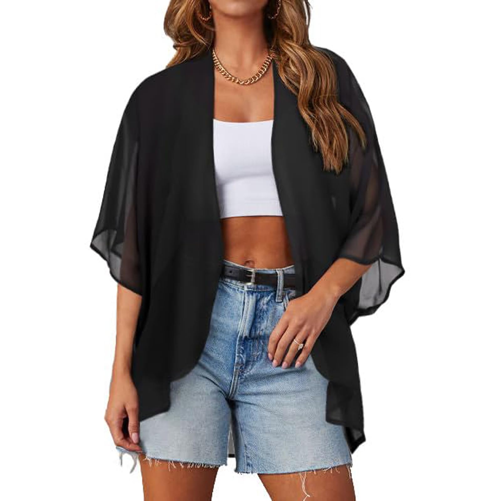 AOWVUTS Kimono Mujer Pareos Playa Gasa Verano Kaftan Chal Suelta Cárdigan Manga 1/2 Camisolas Casual Traje de Baño Bikini