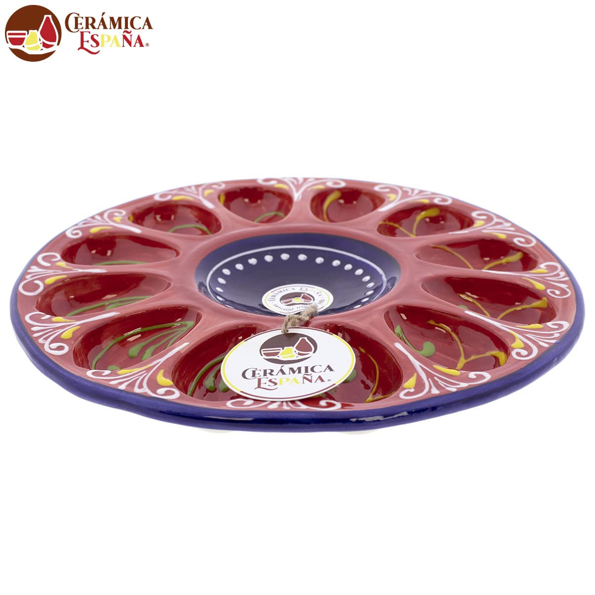 CERÁMICA ESPAÑA Coquetier et assiette pour œufs farcis | Plateau en céramique | Modèle M01 | Décoration 100 % faite main | 25,5 x 25,5 x 2,5 cm