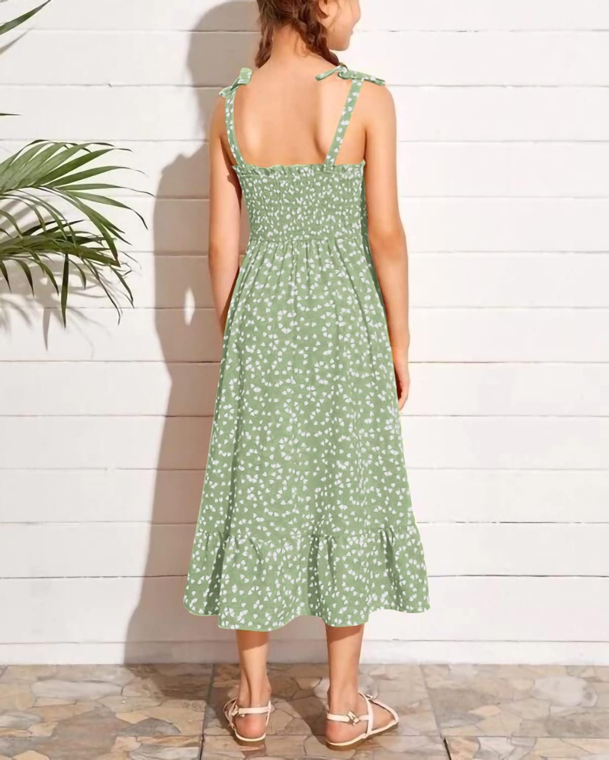 Girls Summer Dress Kids Sleeveless Tie Strap Boho Beach Midi Dress Smocked Ruffle Flowy Sundresses - Image 4