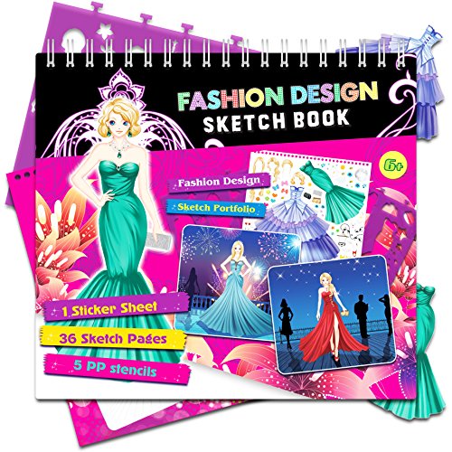 Fashion Dresses Sketch Portfolio Sticker Book - Designer Sketchbook - 100+ Stencils, 36 Giant Coloring Pages, Mermaid Dress Princess Costume Hair Star Stickers â€“ Art Kit Drawing Coloring Book for Kids
