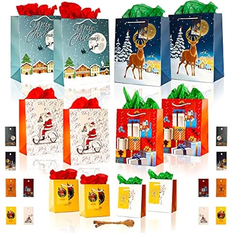 NIMU Christmas Gift Bags Set, 12 Pieces Gift Bags in 3 Size Small Medium and Large, 12 Pieces Gift Name Tags, 12 Pcs Tissue Papers, 9m Ribbon Recyclable Reusable Bundle Xmas Wrapping Multipack Cover