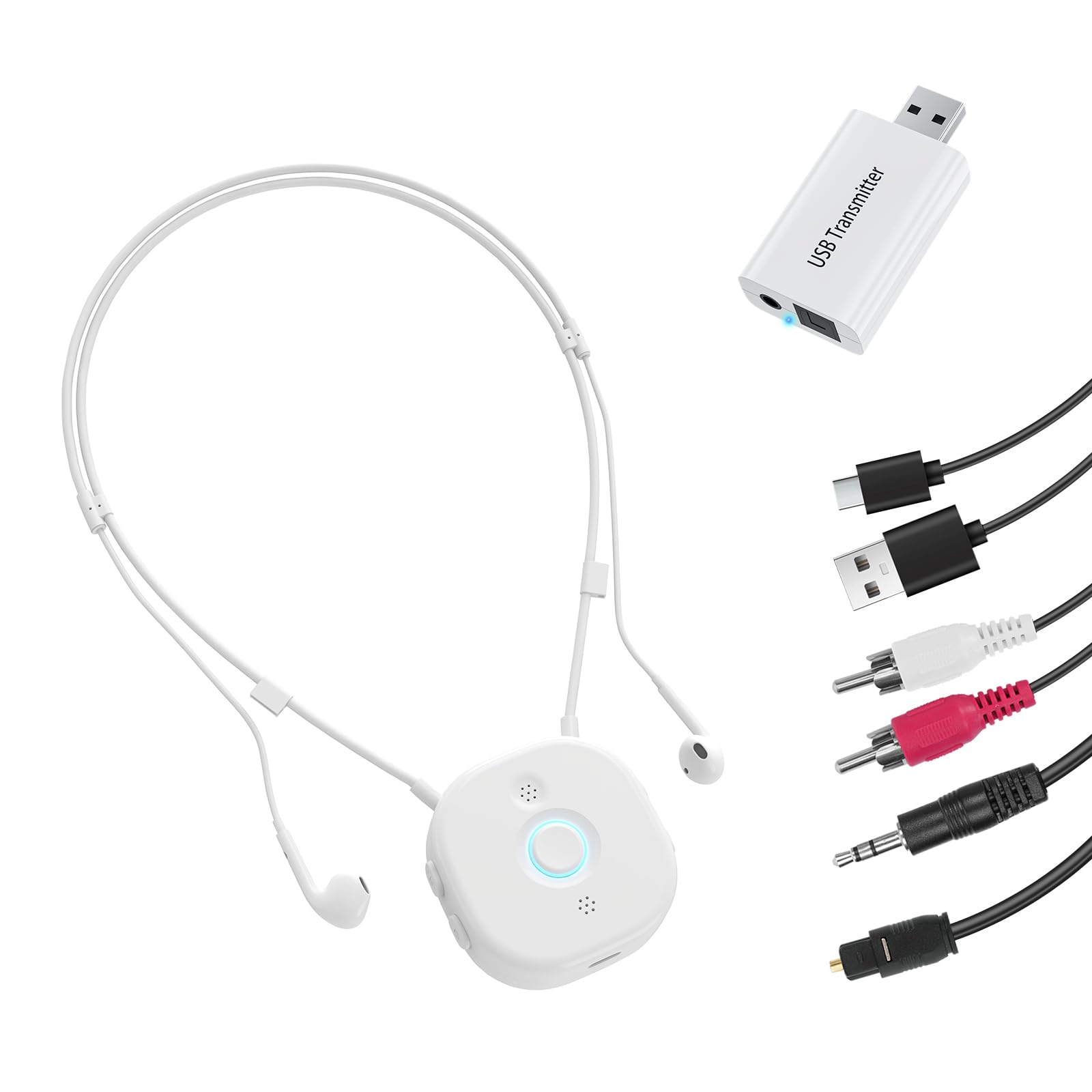 Auriculares Inalámbrico Independiente del Volumen L/R, Auriculares Semi-Intraauriculares con Cable Alrededor del Cuello, Con Transmisor USB para TVs, Teclas Grandes para Personas Mayores, Blanco