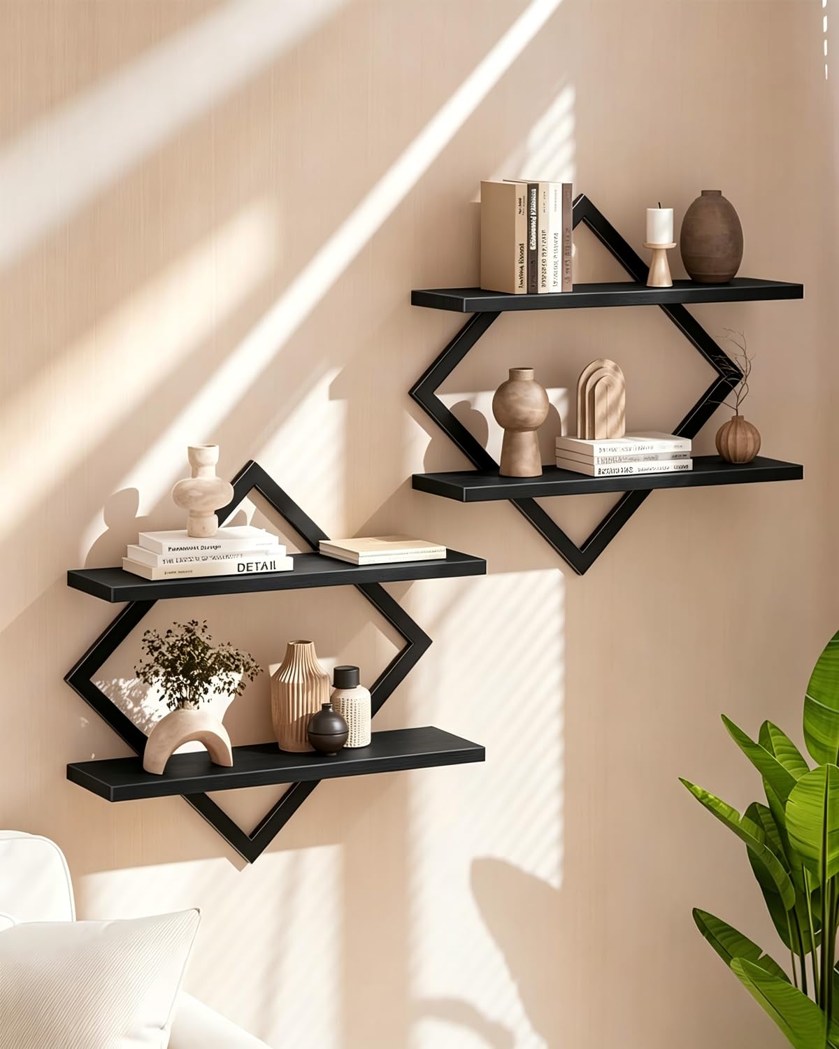 Wandregal 2er Set, Schweberegal mit Metallrahmen 38 cm, 2-stöckiges Hängeregal für Badezimmer, Wohnzimmer, Küche, Home Office (Schwarz)