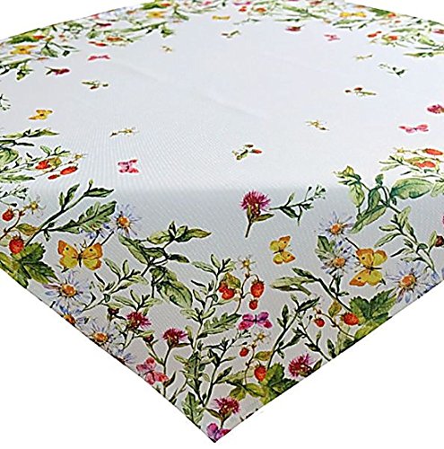 Tischdecke 85x85 cm Sommer Pflegeleicht Weiß Sommer Wiese Erdbeeren Bunt...