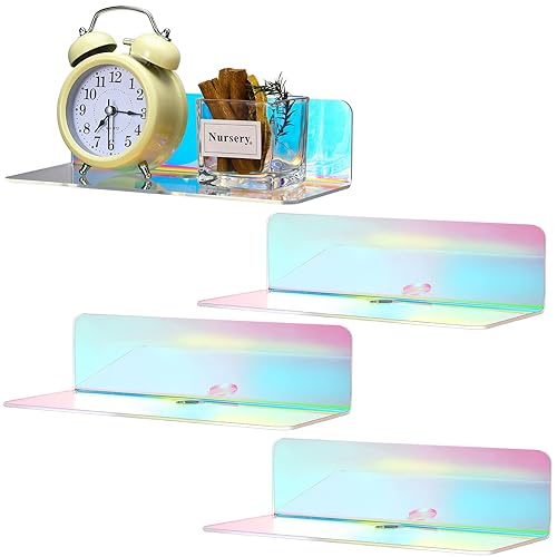 Weysat Floating Shelves for Wall 9 Inch Acrylic Small Wall Hanging Shelves Adhesive Screwless Display Holder with Cable Clips and Stickers for Bathroom Bedroom Office(Iridescent,4 Pcs) - 4 - Iridescent