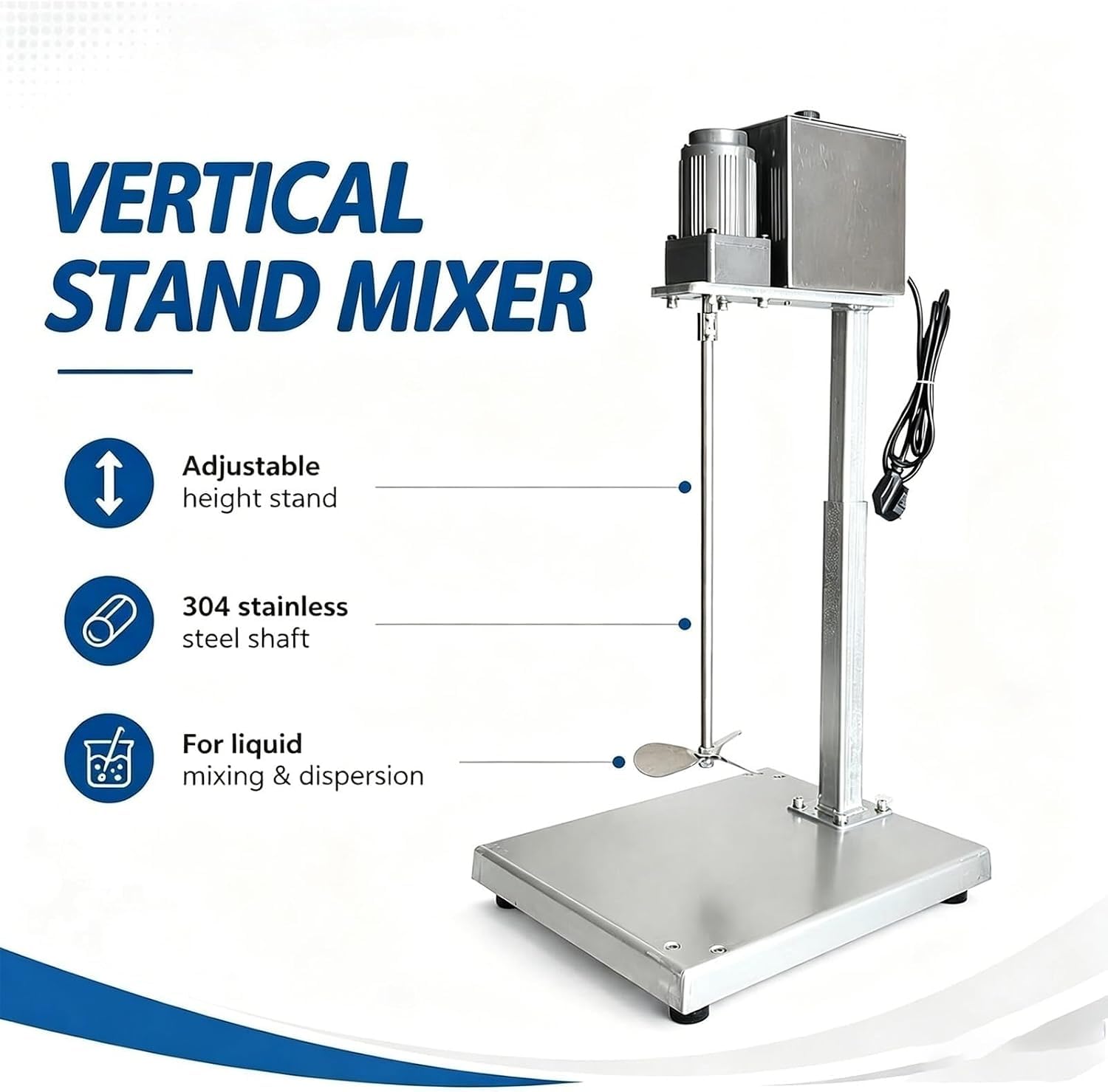 Mezclador de pintura vertical 400 trmin con soporte ajustable 30-48 cm, eje y pala de acero inoxidable para uso en taller o laboratorio. Mezclador versátil