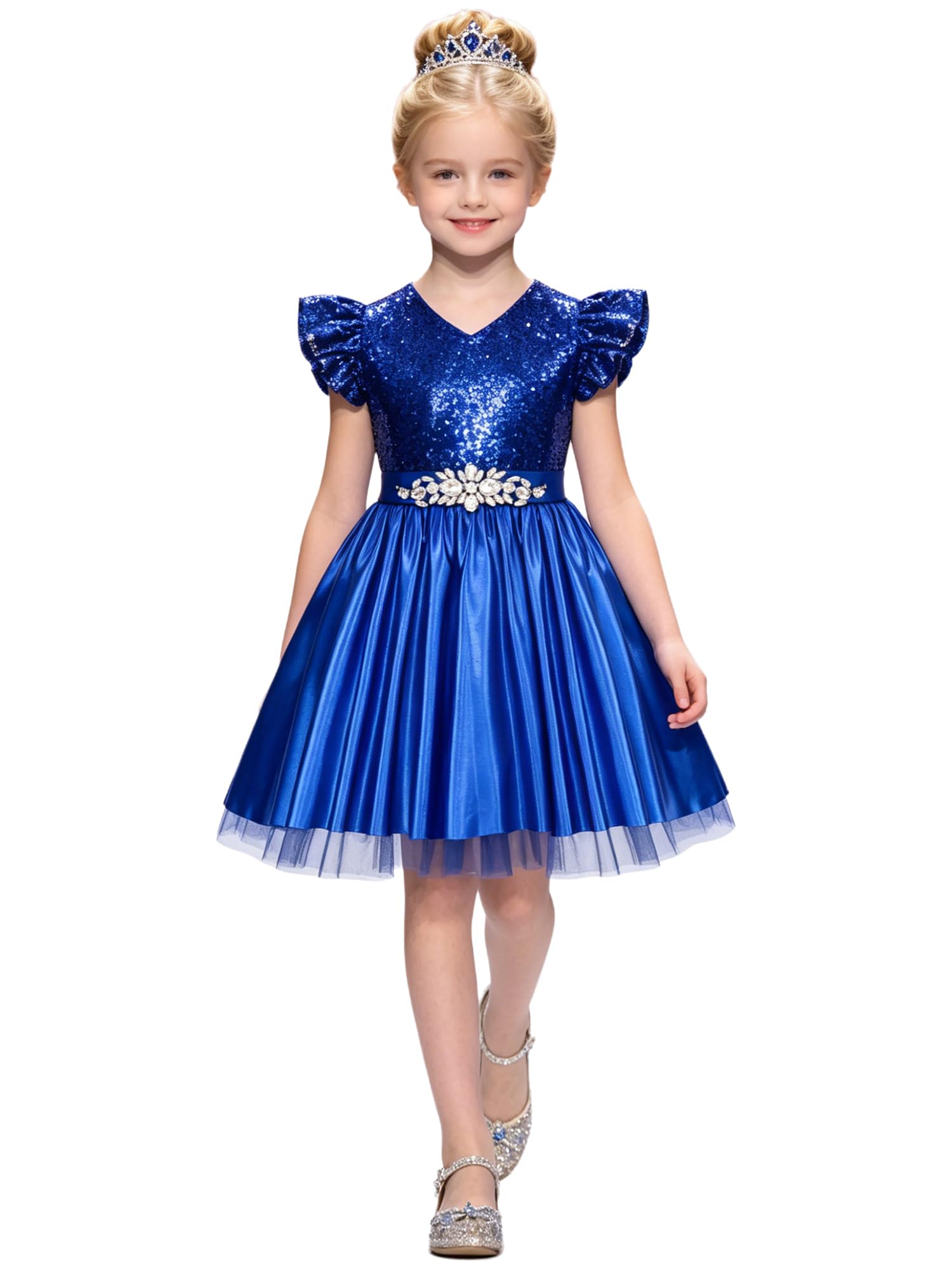 Kinder Pailletten Prinzessinnenkleid Satin A Linie Schwungkleid