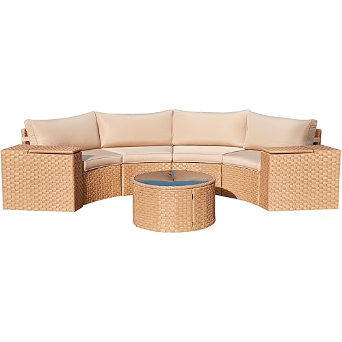 ECOTOUGE 7 Piece Patio Furniture Sets, Half Moon Conversation Sofa Set, Curved Wicker Outdoor Sectional with 2 Storage Armrests and Round Glass Coffee Table, Garden Balcony Deck Backyard (Khaki)