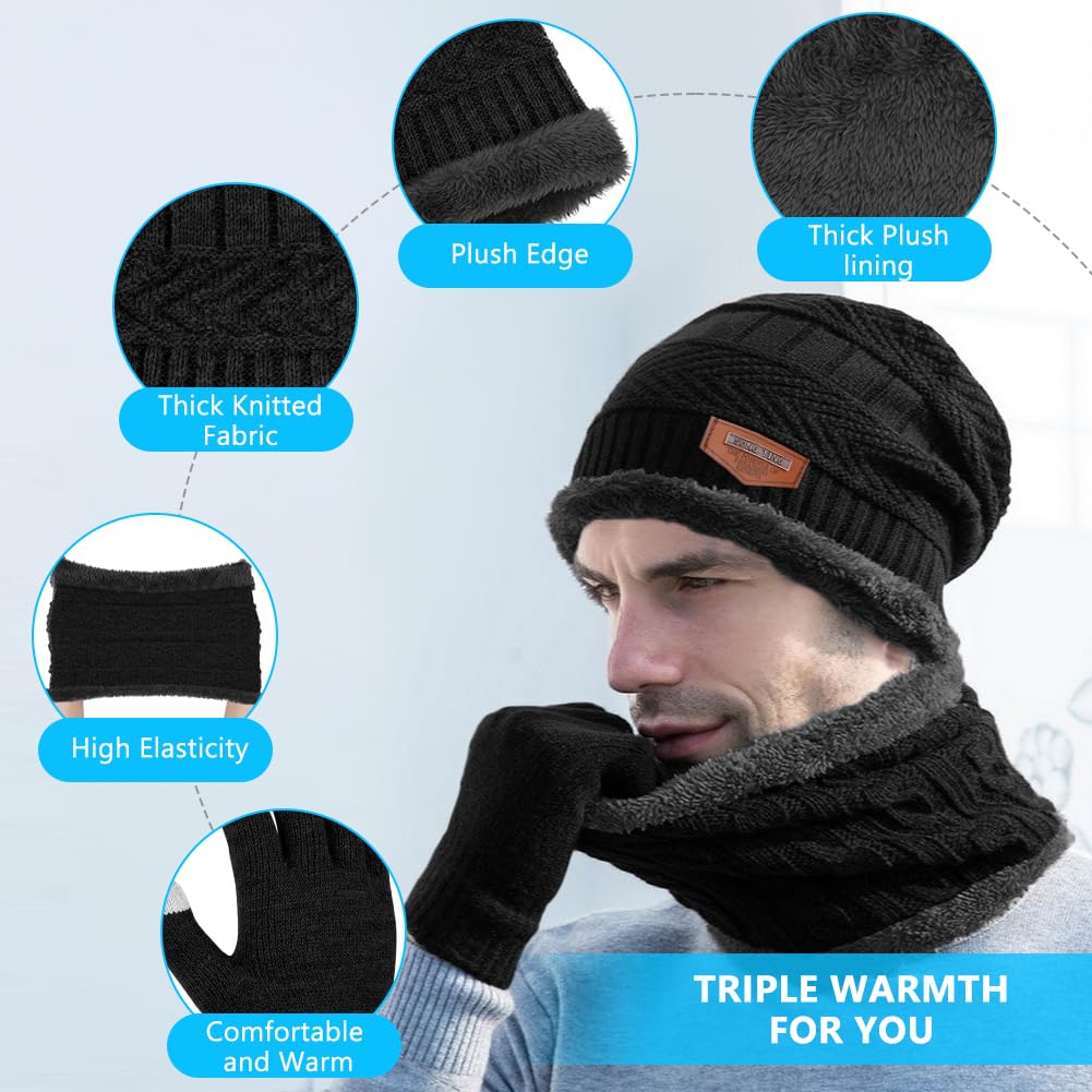 flintronic Set Guanti sciarpa Cappello 3 in 1, Berretto Invernale in Maglia Elasticizzata Calda, Sciarpa Rotonda e Set Guanti Touch Screen, Regalo per Uomo Donna