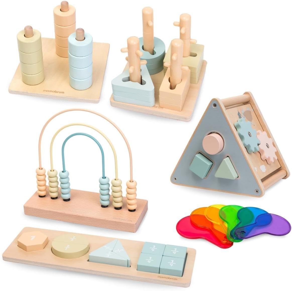 Mamabrum Zestaw Zabawek Montessori dla Dzieci 2-3 Lata, Zabawki Wspierające Rozwój Dziecka, Zdolności Poznawcze i Manualne, Sorter Kształtów i Kolorów, Układanka, Liczydło, Lusterka