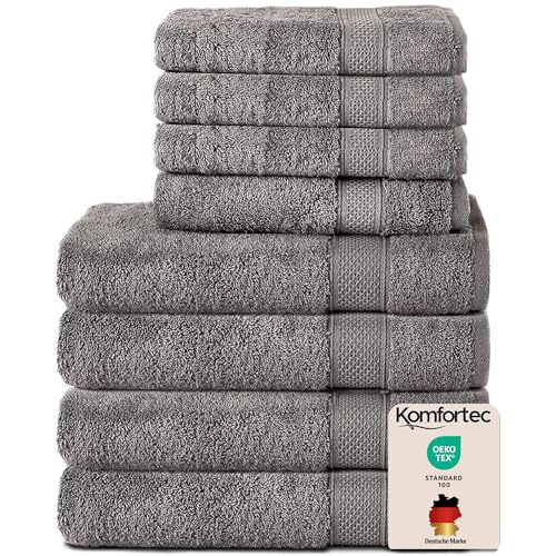 Komfortec 8er Handtücher Set, 4 Badetücher 70x140 cm & 4 Handtücher 50x100 cm, 100% Baumwolle Frottee, Flauschig und Saugstark,Anthrazit Grau