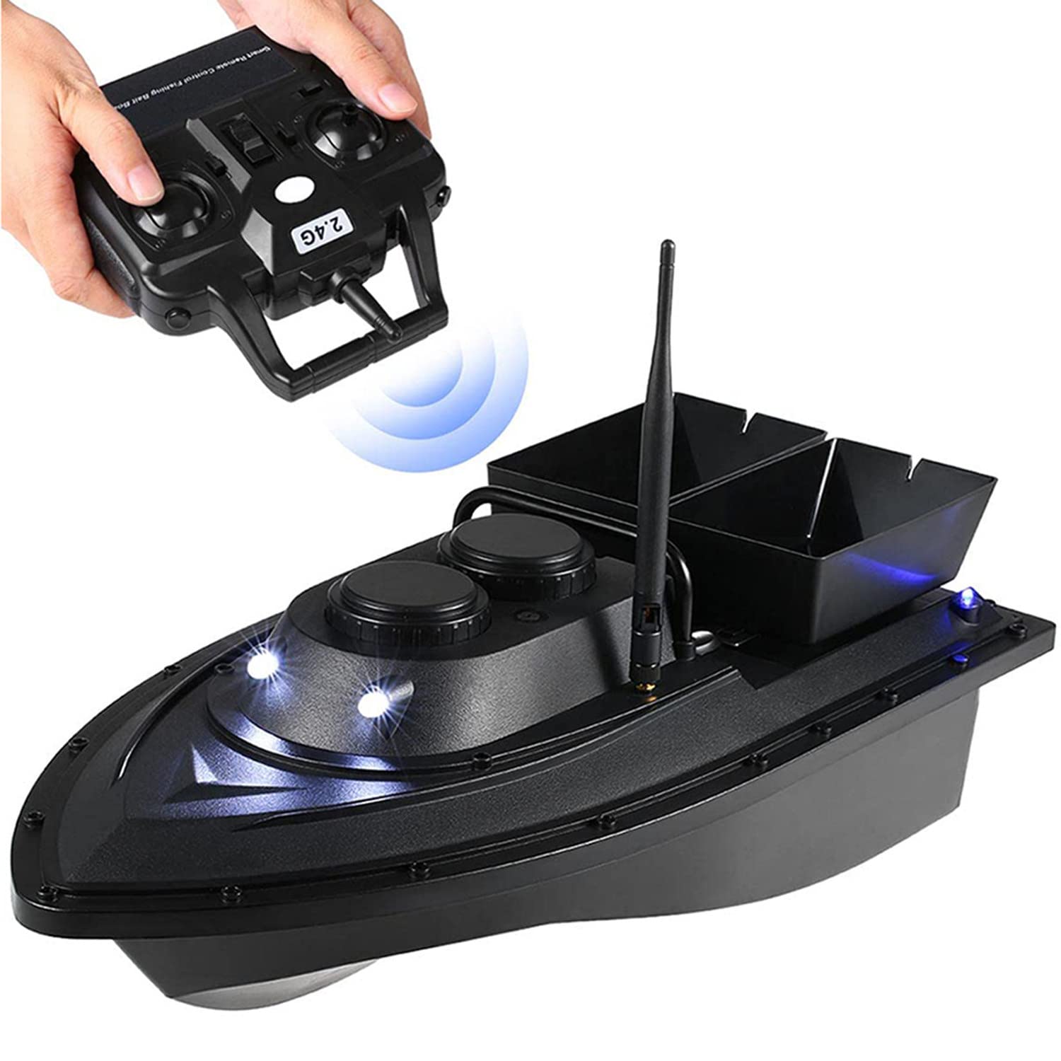 Barco de Cebo para Pesca, Barco RC Inteligente, buscador de Peces, Carga de 1,5 kg, 500 m, Control Remoto inalámbrico, 2 Motores, 2 contenedores de Cebo, batería Recargable
