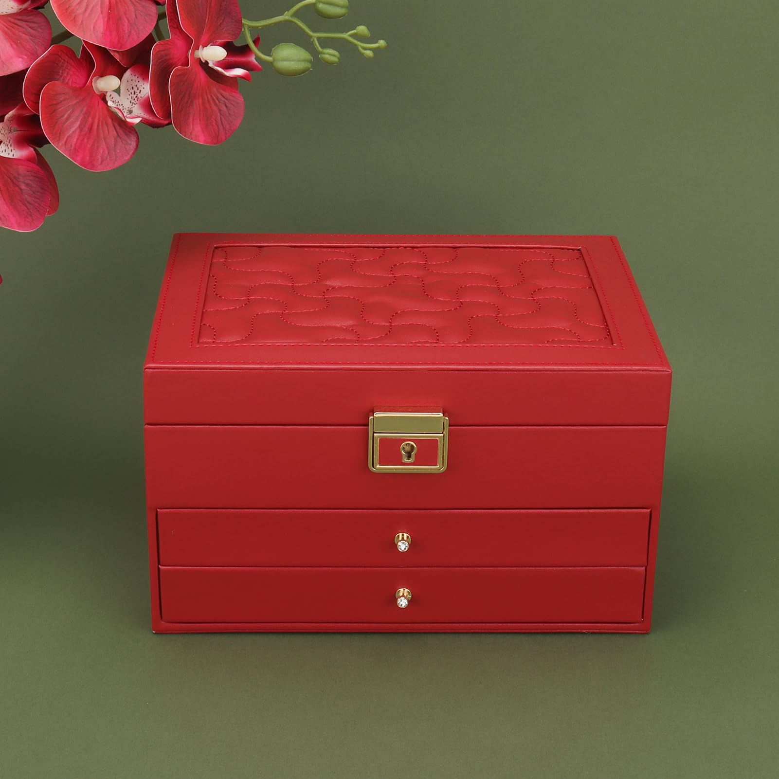 DesignSter Portagioie in pelle con serratura, 2 cassetti, 3 strati custodia per collane, orecchini, bracciali, anelli - rosso