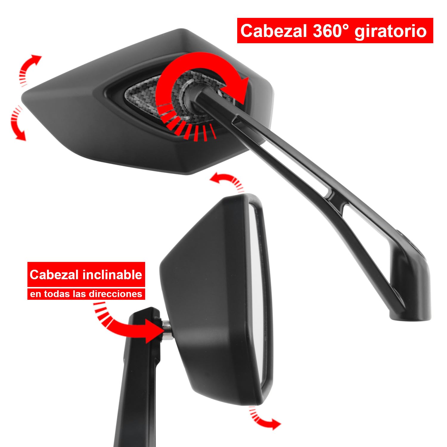 Area1 Espejo para moto y scooter Carbono (2 piezas) Homologado E, 2x M10/M8 rosca derecha + 1xM10/M8 rosca izquierda ATV, Quad (Carbono)