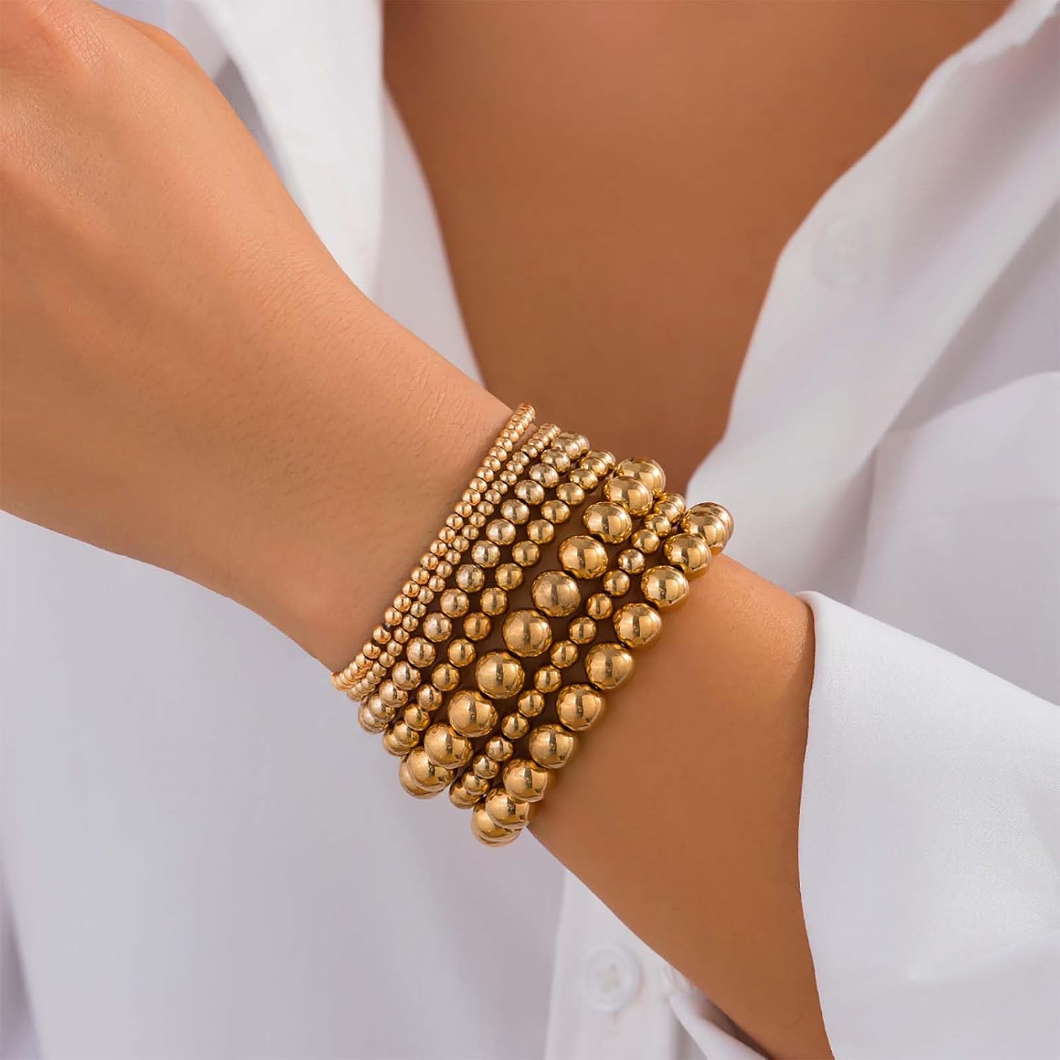 Vintage Gold Strand Stretch Bead Bracelet Layered Beaded Bracelets Elastic Round Ball Bracelet Minimalist Gold Beaded Bracelets Beads Hand Chain 7PCS Jewelry for Women - Image 7