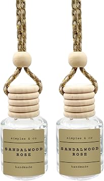 Sandalwood Rose Car Air Freshener Hanging, Long Lasting Essential Oil Diffuser for Car, 2 Pack Fragrance, Reusable Glass Bottle Car Freshener, Made in USA Simplee & Co