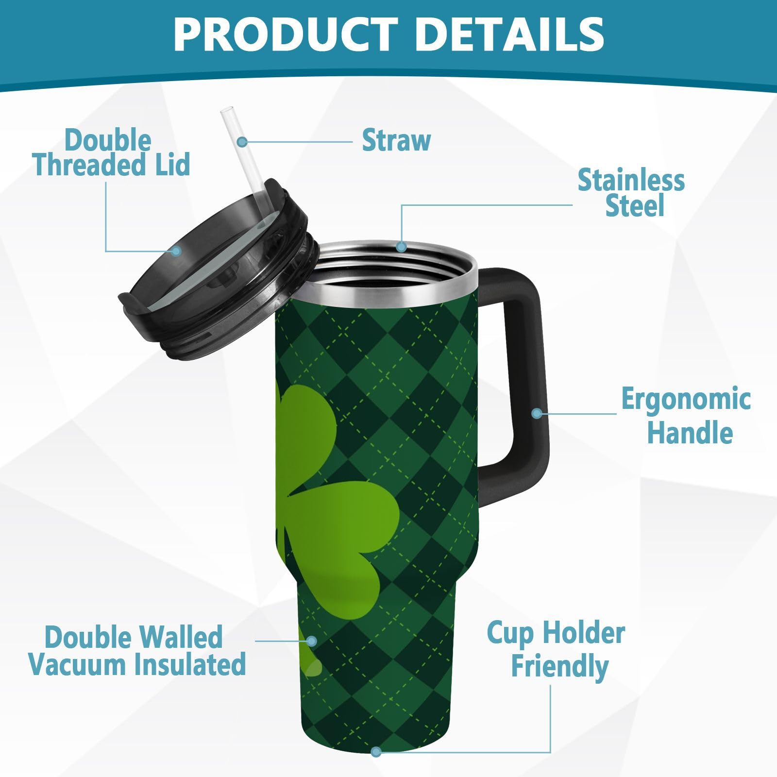 Isolierter Trinkbecher mit grünem Kleeblatt, doppelwandige Edelstahl-Wasserflasche, Kaffeetasse, Reisebecher mit Griff, Strohhalm-Deckel