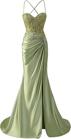 Bolodoo Women's Lace Applique Satin Prom Dress with Slit Mermaid Twist Corset Long Formal Gown
