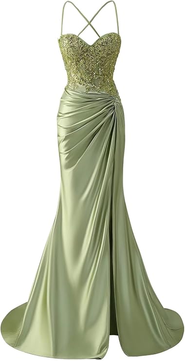 Bolodoo Women's Lace Applique Satin Prom Dress with Slit Mermaid Twist Corset Long Formal Gown
