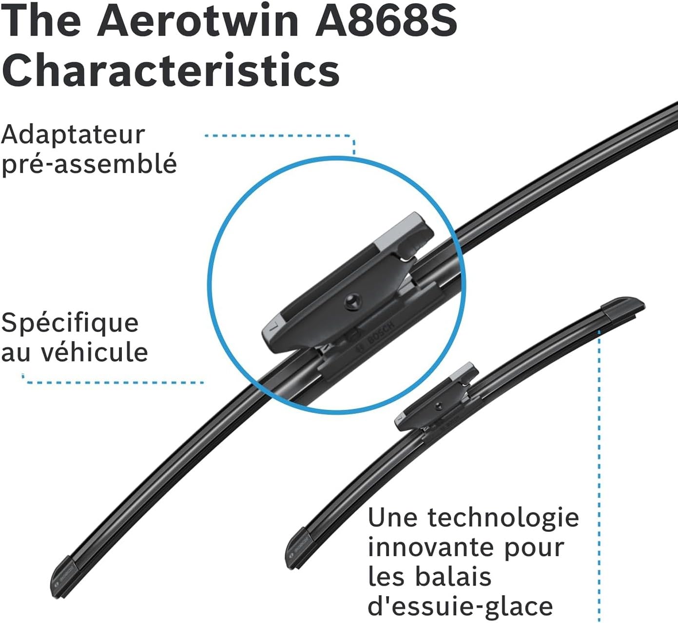 Bosch Aerotwin Aerotwin eA 868 S - Jeu de 2 Balais d'essuie-glaces de Remplacement Avant - Livrés avec Adaptateur Pré-assemblé - 650 mm / 340 mm - Boîte réduite pour moins de déchets