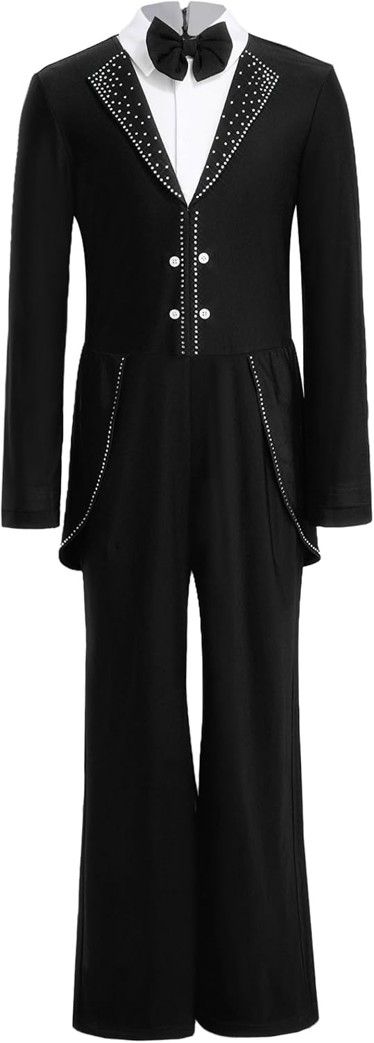 Jhaoyu Boys Ice Skating Competition Bodysuit Long Sleeve Tuxedo Style Unitard Lapel Collar Bow Tie Back Zipper Skating Wear