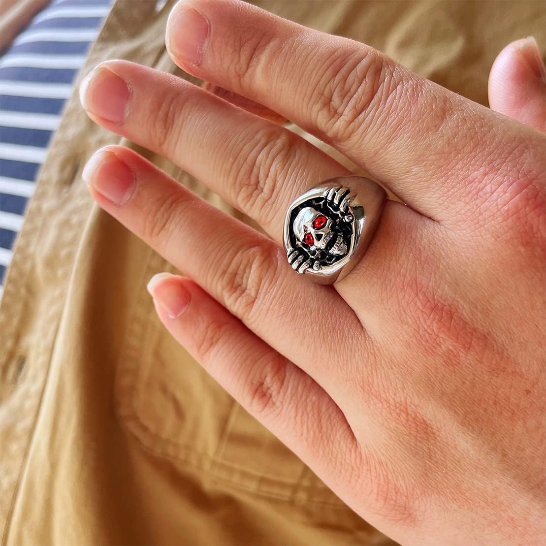 Mens Skull Ring,Cool Exquisite Stainless Steel Skeleton Ring,Gothic Retro Vintage Punk Biker Cocktail Party Death Head Ring Halloween Jewelry for Men - Image 6