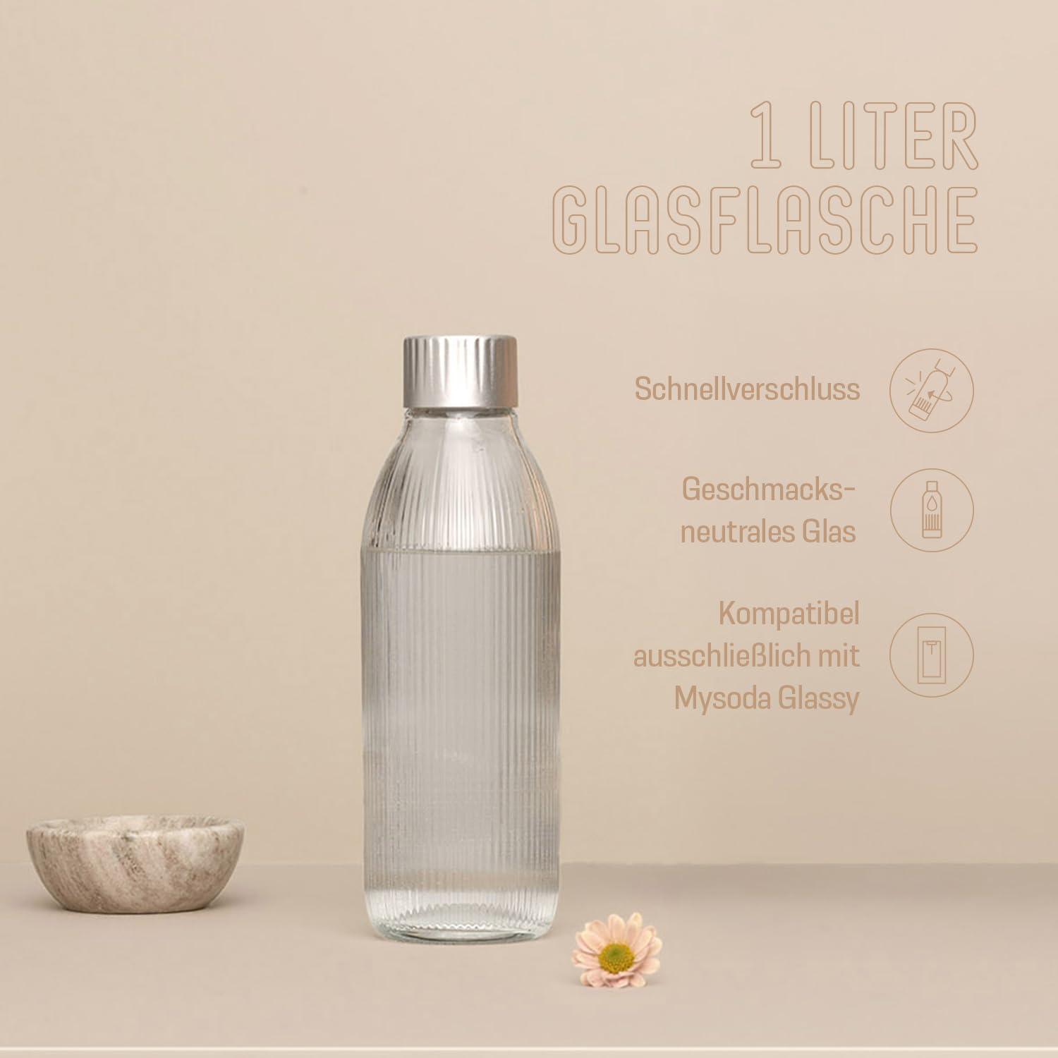 Mysoda: Glassy Wassersprudler aus Holzkomposit mit CO2-Zylinder und 1L Glasflasche & BPA-Frei 1L Plastikflasche - Latte