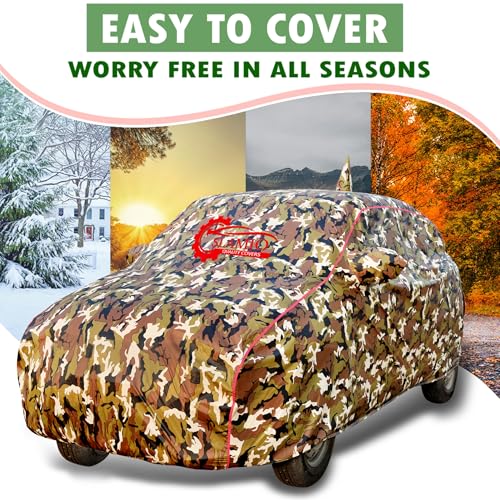 Image of Waterproof Car Body Cover for Ford Ecosport (2018-2026) with Mirror Pocket, Soft Cotton Lining, Triple Stitched, Full Bottom Elastic (Heat Resistant Jungle Print with Red Piping)