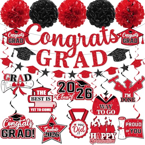 Red and Black Graduation Decorations 2026, Graduation Decorations Class Of 2026 Red Graduation Banner Graduation Congrats Grad Hanging Swirls for College Grad Party