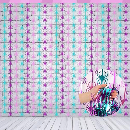 Image of Yuntau 2 Packs Spider Birthday Decoration Pink Purple and Blue Spider Birthday Party Supplies 3.3 x 6.6 ft Tinsel Foil Fringe Curtains Props Backdrop Streamers Halloween Party Supplies