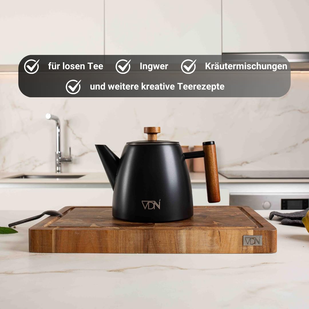 VDN Teekanne mit Siebeinsatz - Teapot [1L, 5-6 Tassen] - Teekanne Thermo, Edelstahl [Doppelwandig, bis zu 1h warm] - Teebereiter [für losen Tee, Ingwer & Kräutermischungen] - 802