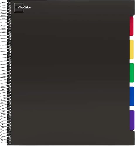 1InTheOffice Cuaderno de 5 materias con divisores, cuaderno en espiral con pestañas, cuaderno de rayas universitarias de 8.5 x 11 pulgadas, negro,