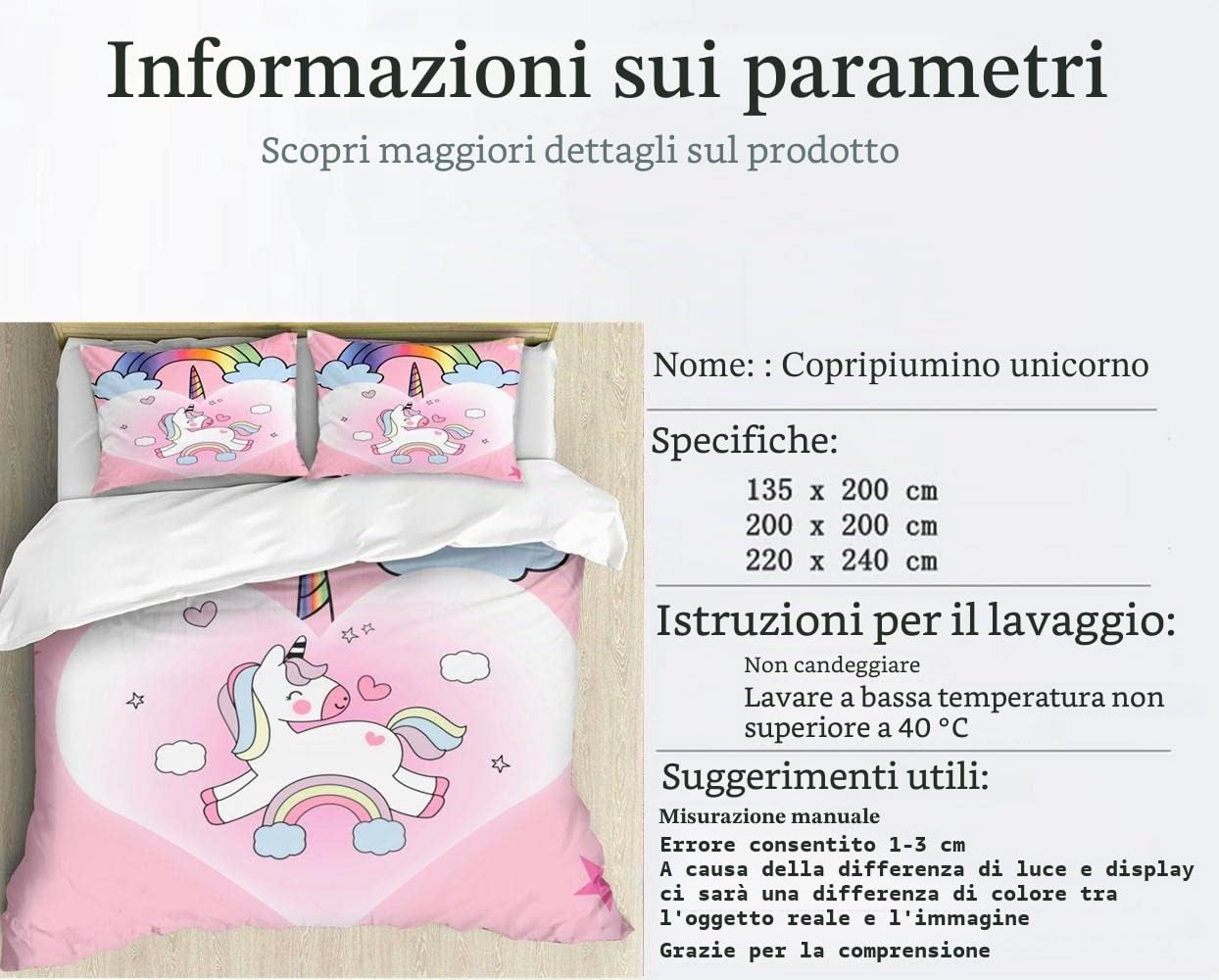 Set biancheria da letto per bambini - Motivo unicorno rosa - Bellissimo arcobaleno - Nuvola bianca - 135 × 200 cm - Motivo unicorno - Set biancheria da letto con 2 federe (135 × 200 cm, rosa 2