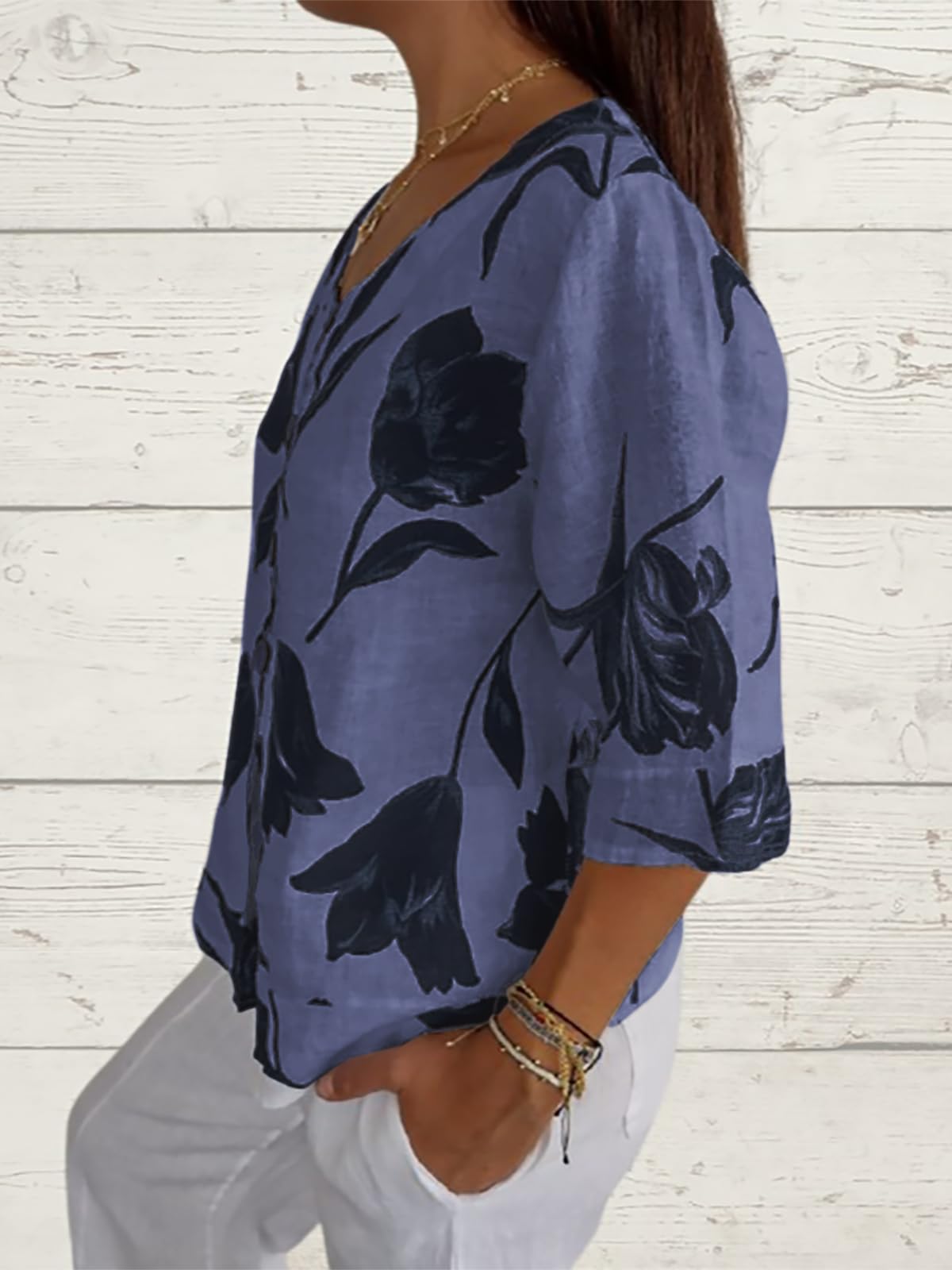 Womens 3/4 Length Sleeve Tops Dressy Casual V Neck Boho Floral Print Summer Blouses Shirts