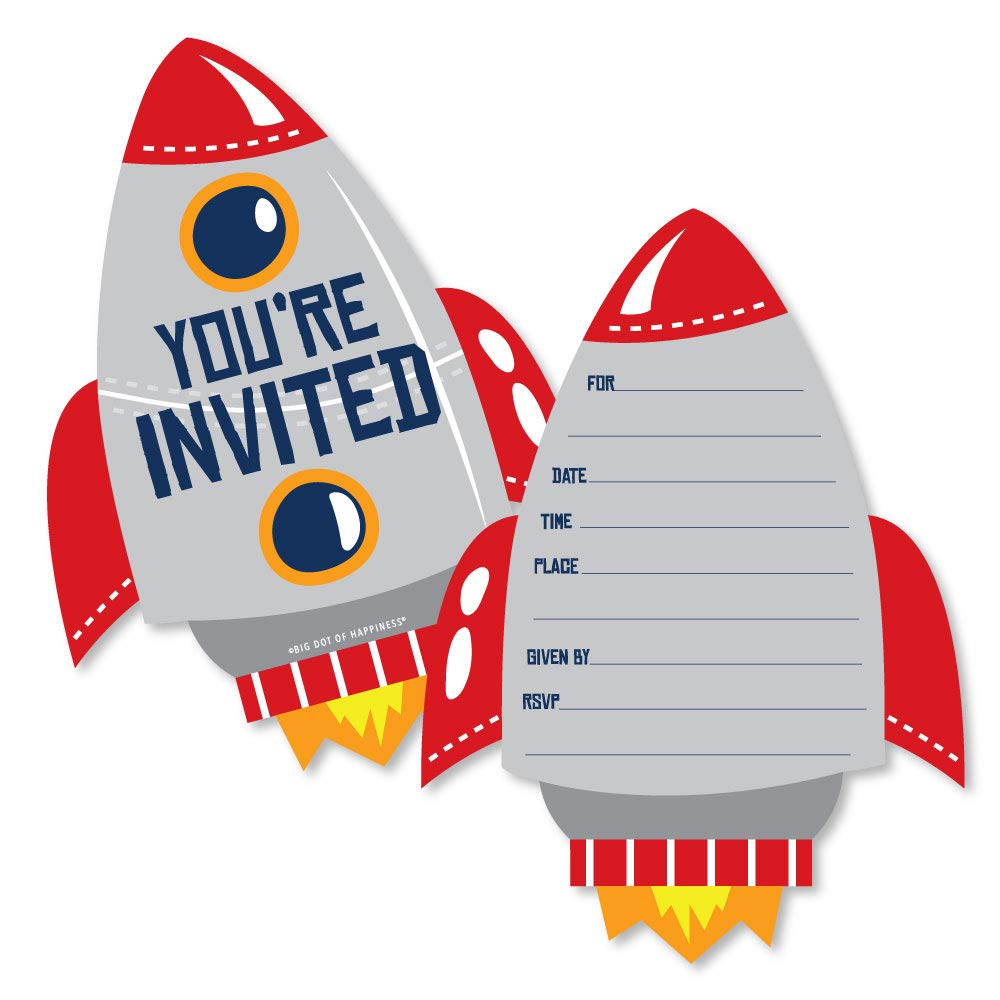 Big Dot of Happiness Blast Off to Outer Space - Shaped Fill-In - Rocket Ship Baby Shower or Birthday Party Invitation Cards with Envelopes - Set of 12