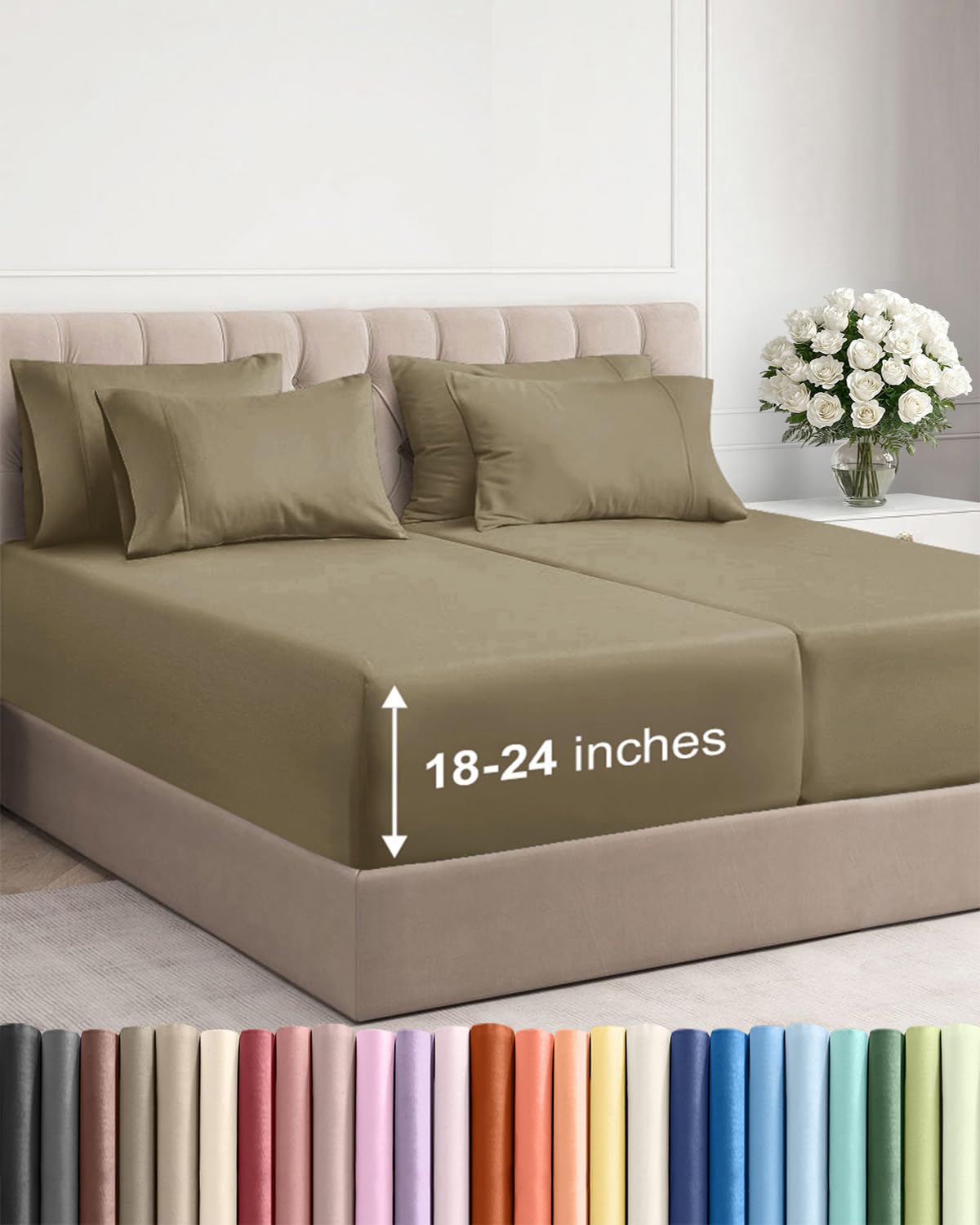 CGK Extra Deep Split King Sheet Set - 7pc Cooling Sheets - Khaki